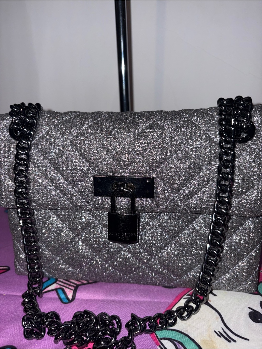 Kurt Geiger Black Glitter Quilted Chain-Handle Crossbody